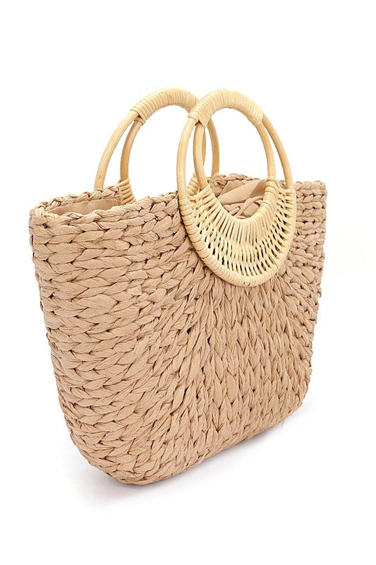 Bamboo Braided Top Handle Summer Straw Tote