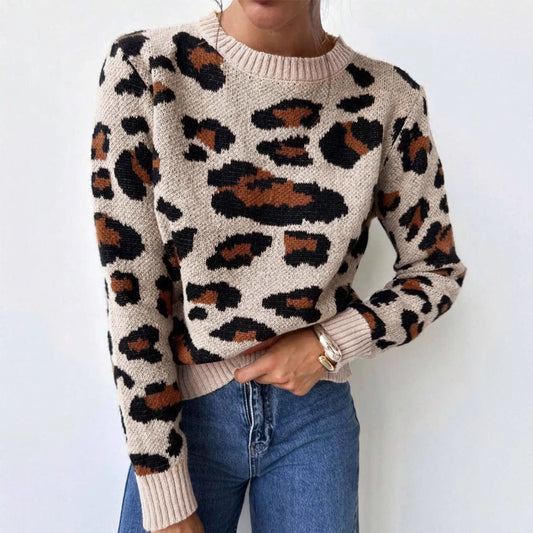 Round Neck Retro Commute Leisure Contrast Color Leopard Print Pullover Sweater
