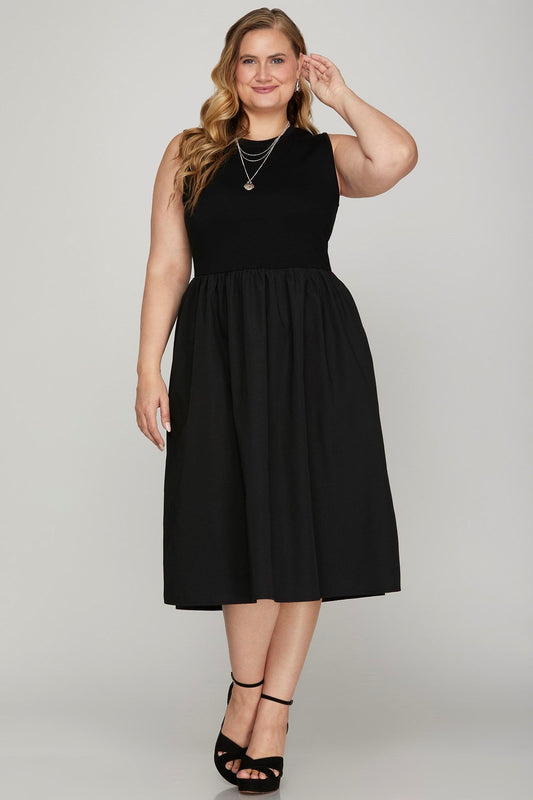 She + Sky Full Size Sleeveless Poplin Woven Midi Dress with Pockets