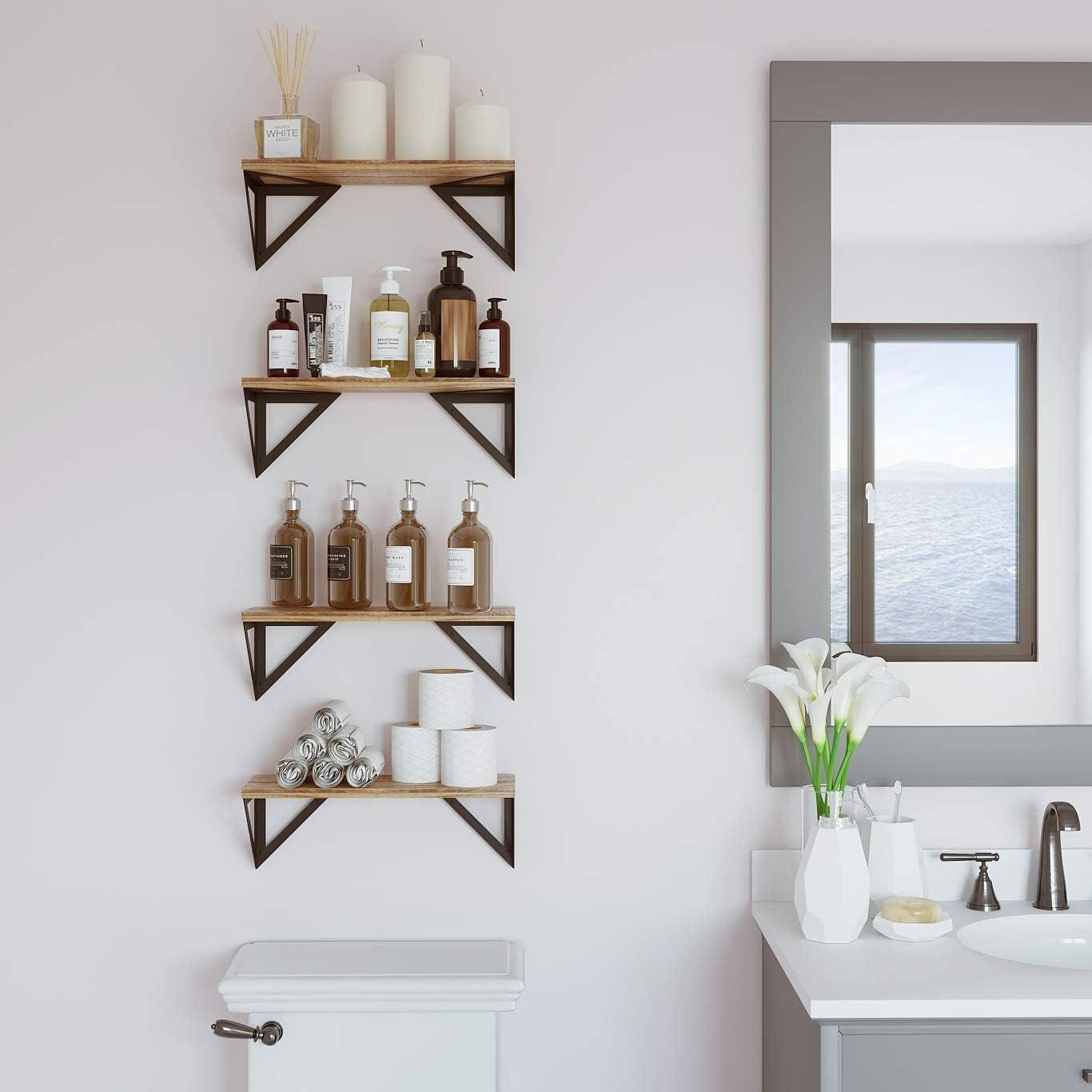 Rustic Floating Shelves Set of 4 Heavy Duty Wood and Metal for Home
