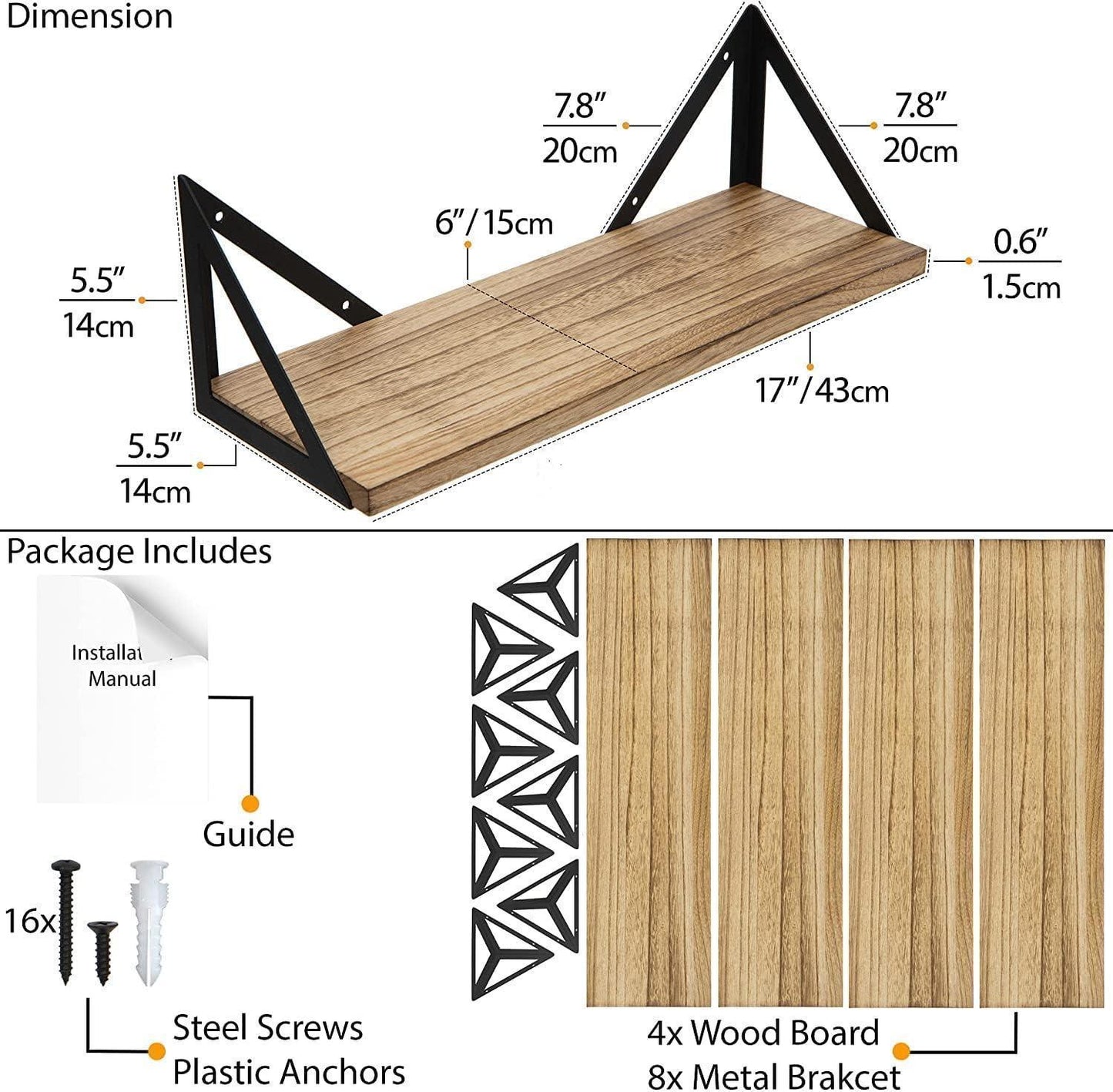 Rustic Floating Shelves Set of 4 Heavy Duty Wood and Metal for Home