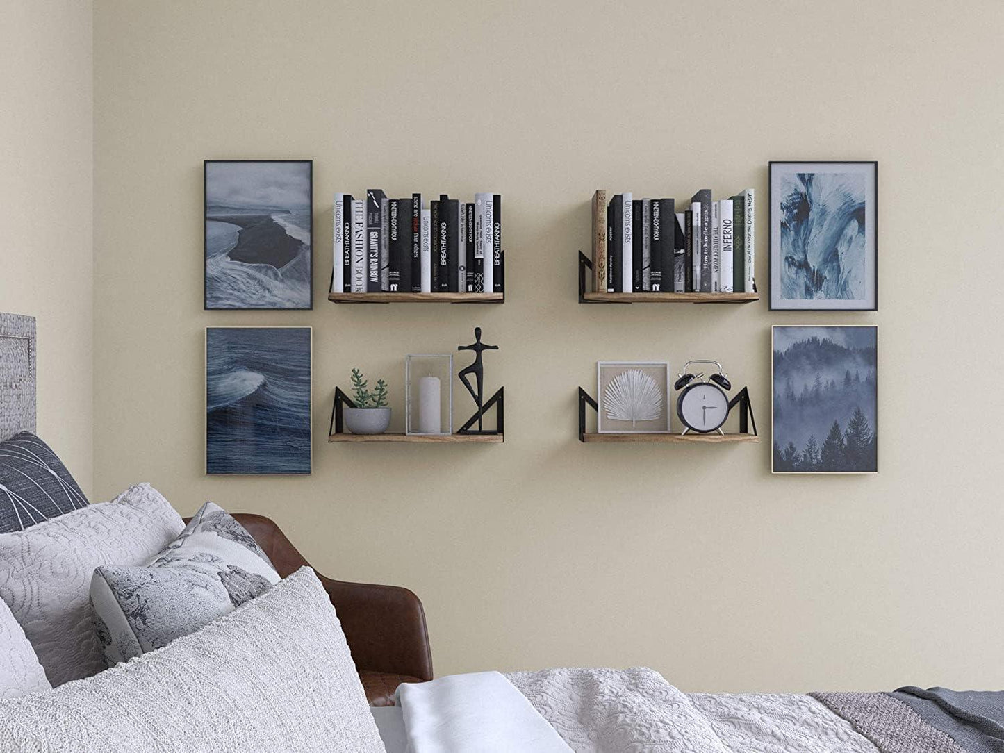 Rustic Floating Shelves Set of 4 Heavy Duty Wood and Metal for Home