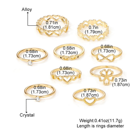 Gold Color Heart Rings 9pcs Sets For Women Vintage Hollow Irregular