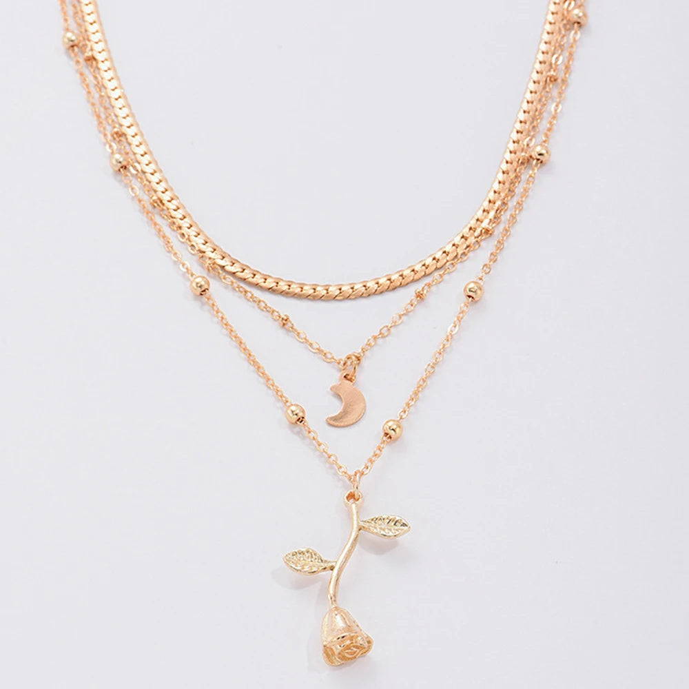 Bohemia Multilayer Moon Gold Color Pendant Necklaces For Women Rose