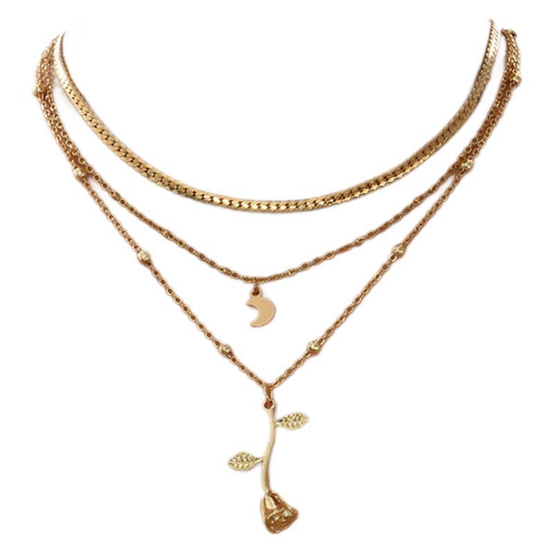 Bohemia Multilayer Moon Gold Color Pendant Necklaces For Women Rose