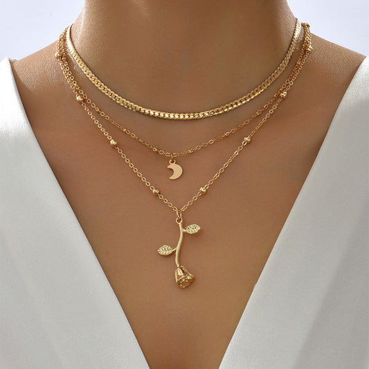Bohemia Multilayer Moon Gold Color Pendant Necklaces For Women Rose