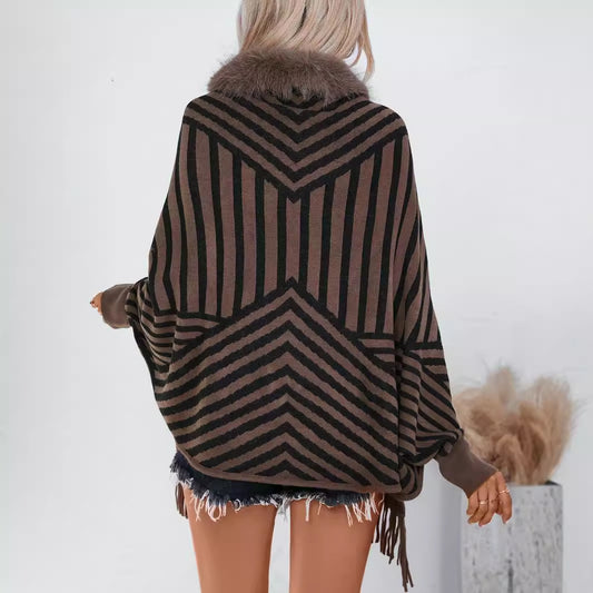 European And American Fall Winter Fashion Striped Tassel Knitted Shawl Cape