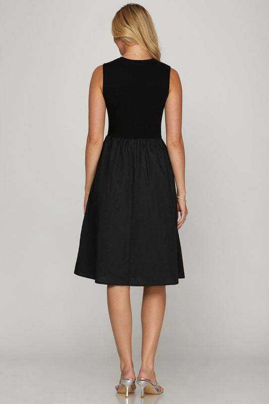 She + Sky Full Size Sleeveless Poplin Woven Midi Dress with Pockets