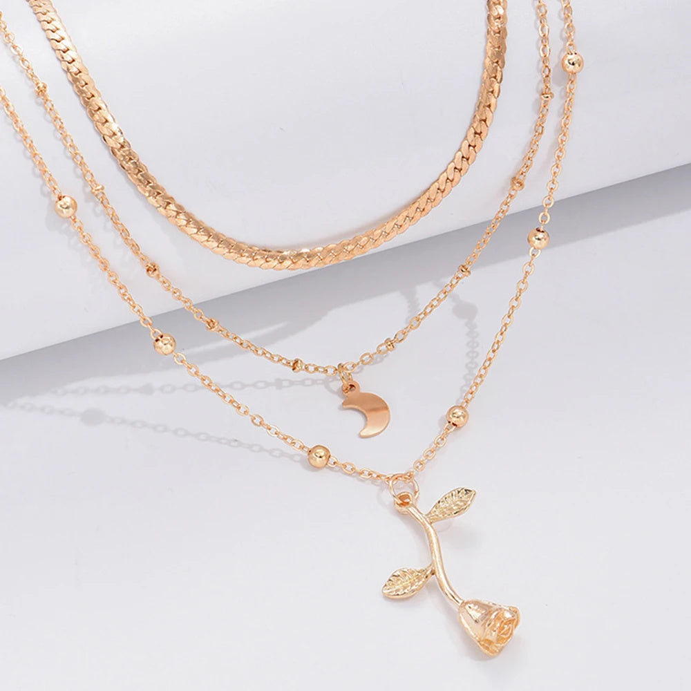 Bohemia Multilayer Moon Gold Color Pendant Necklaces For Women Rose