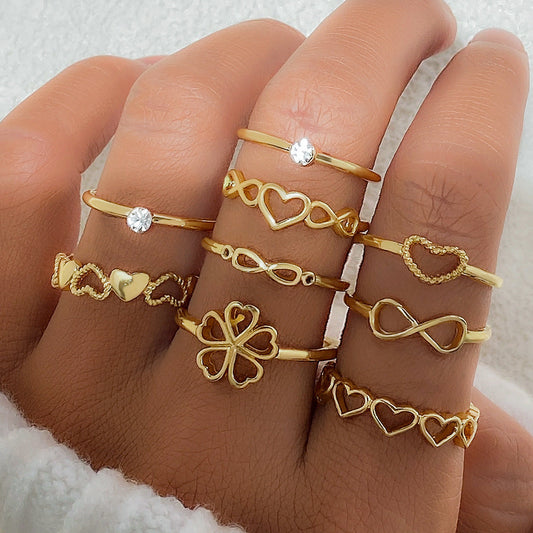 Gold Color Heart Rings 9pcs Sets For Women Vintage Hollow Irregular