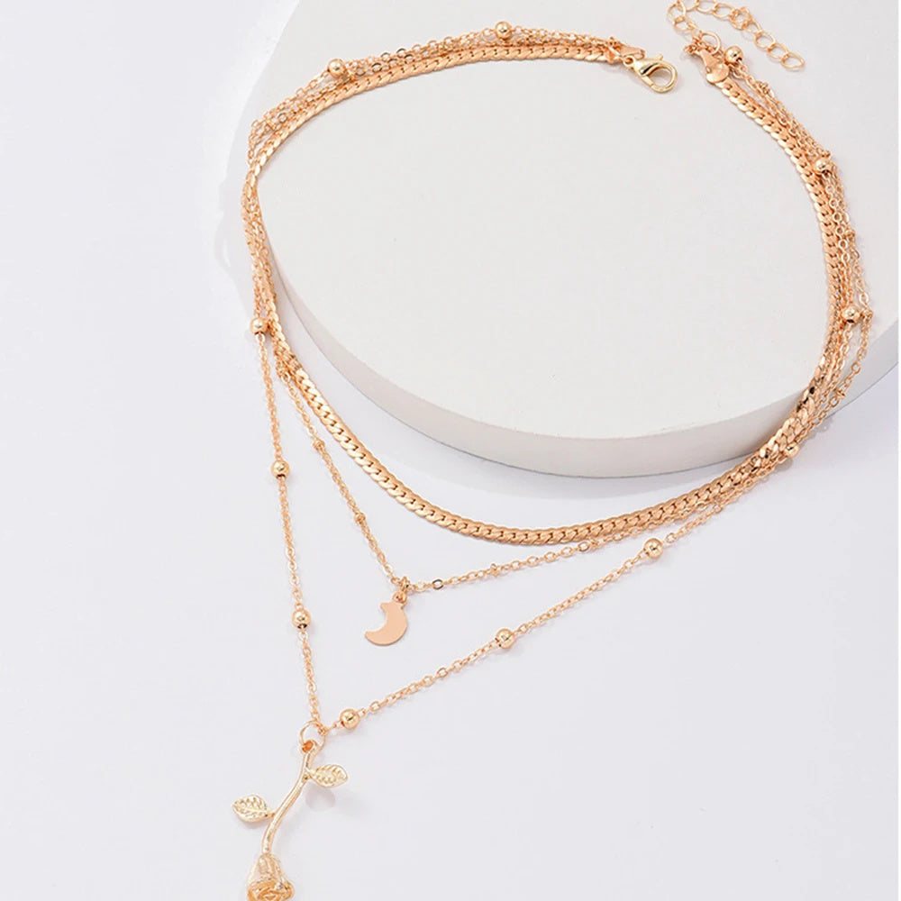 Bohemia Multilayer Moon Gold Color Pendant Necklaces For Women Rose