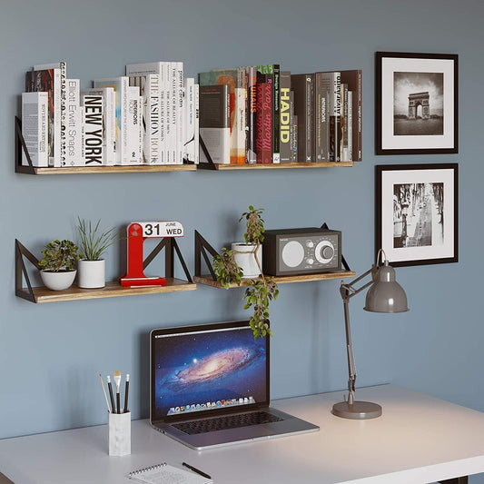 Rustic Floating Shelves Set of 4 Heavy Duty Wood and Metal for Home