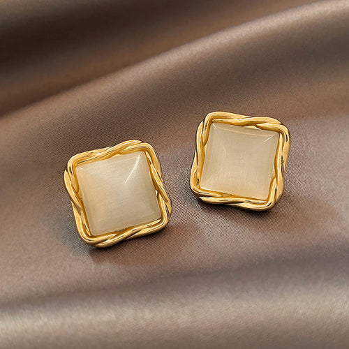 Cat's Eye Flower Earrings High Sense Opal Square Triangle Geometry