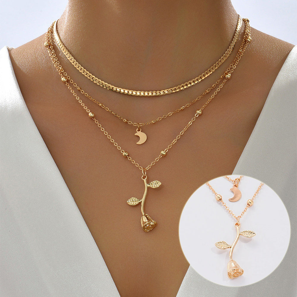 Bohemia Multilayer Moon Gold Color Pendant Necklaces For Women Rose