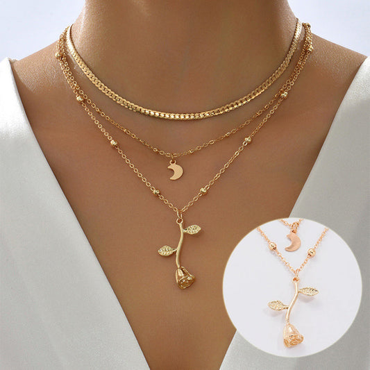 Bohemia Multilayer Moon Gold Color Pendant Necklaces For Women Rose