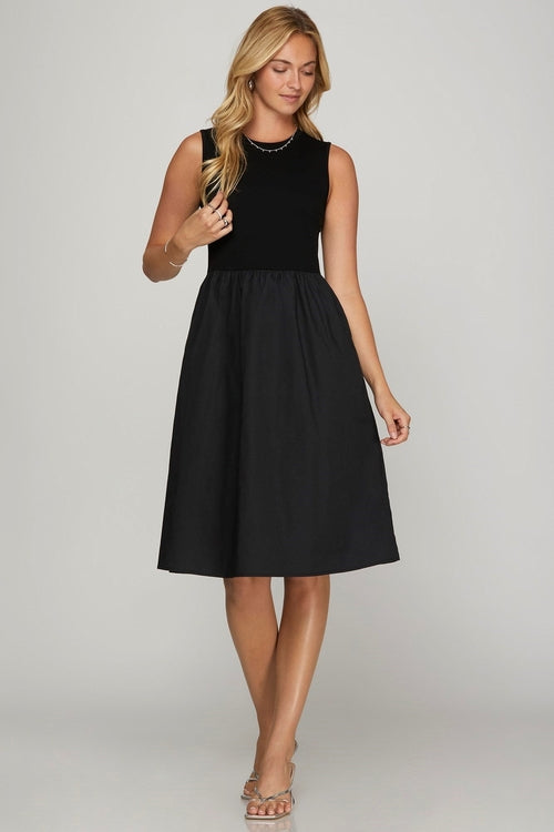 She + Sky Full Size Sleeveless Poplin Woven Midi Dress with Pockets