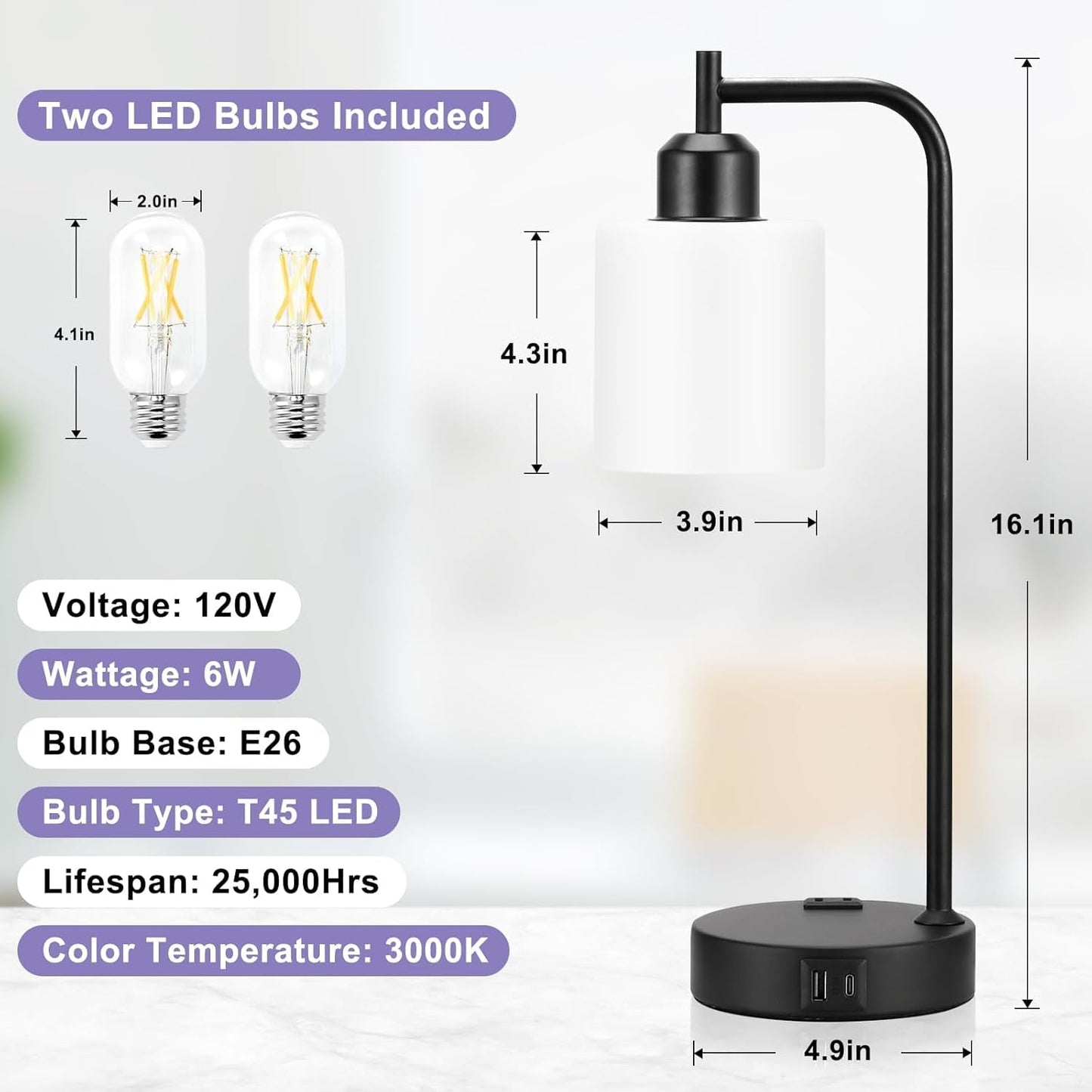Industrial Touch Bedside Lamps for Bedrooms Set of 2 - 3-Way Dimmable