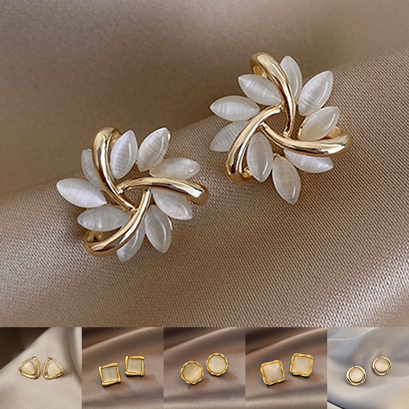 Cat's Eye Flower Earrings High Sense Opal Square Triangle Geometry